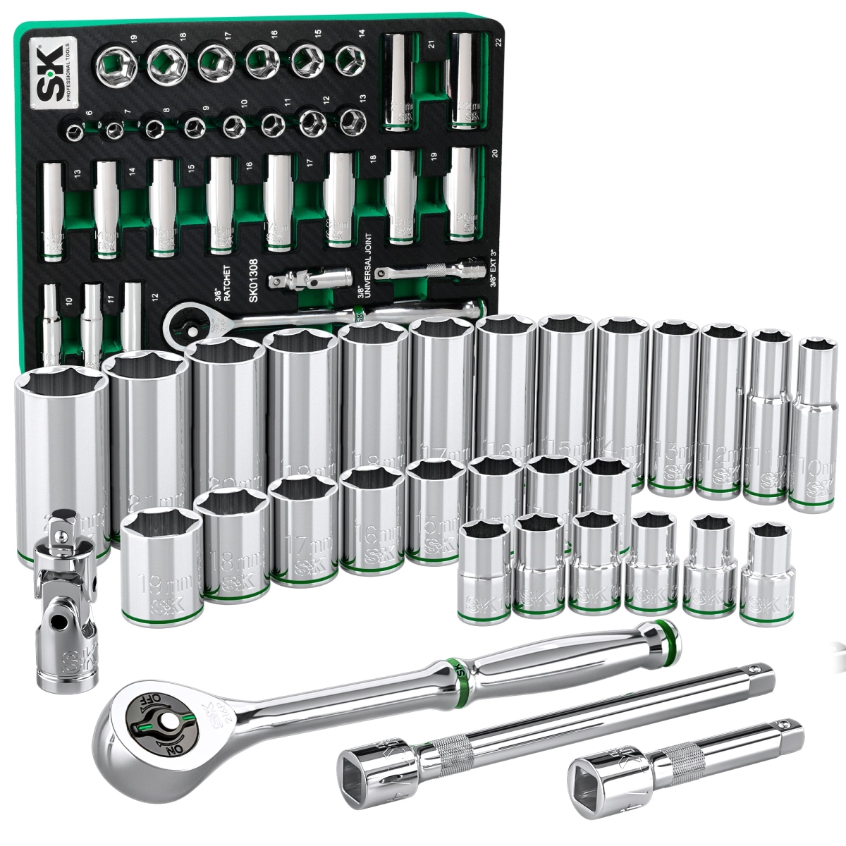 SK01308-216P 0.375 in. Drive 6 Point Standard & Deep Metric Chrome Socket Set - 31 Piece