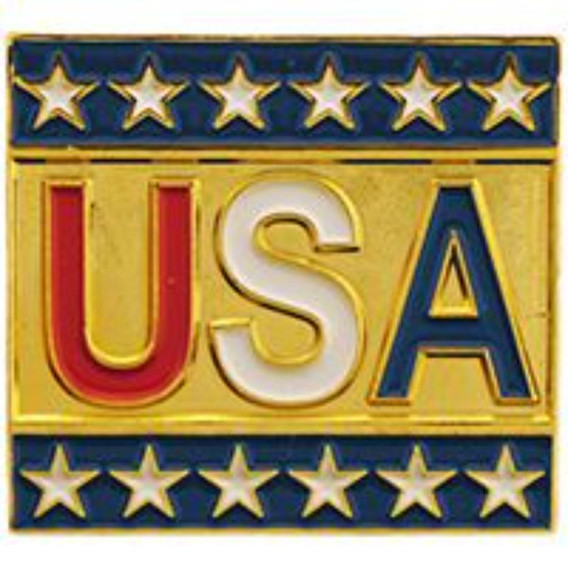 P60445 Pin - USA, Script with Stars - 1 in.