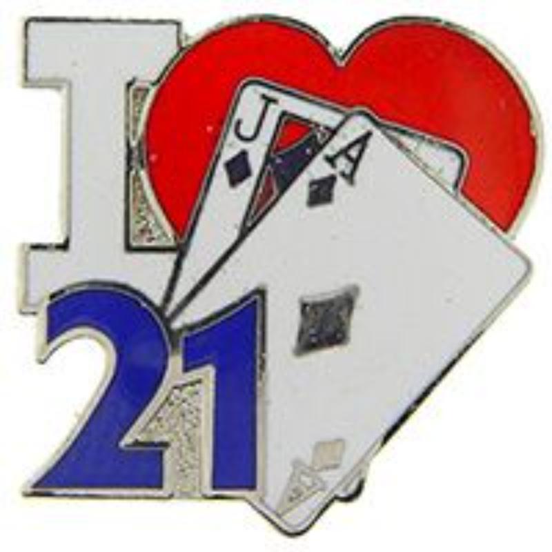 P00679 Pin - Game, Card, I Heart 21 - 1 in.