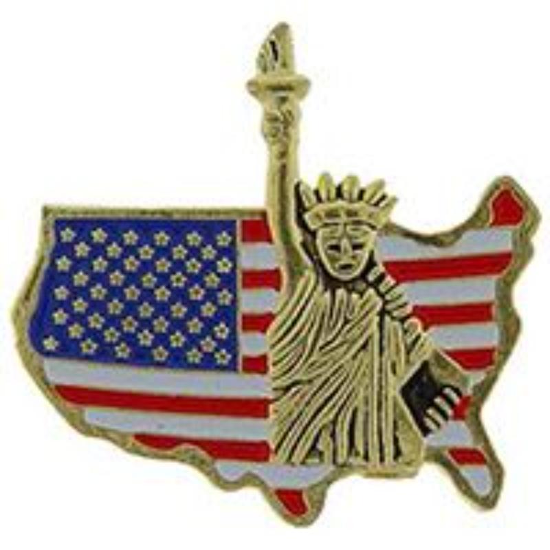 P09094 Pin - USA, Statue of Liberty with Flag - 1 in.
