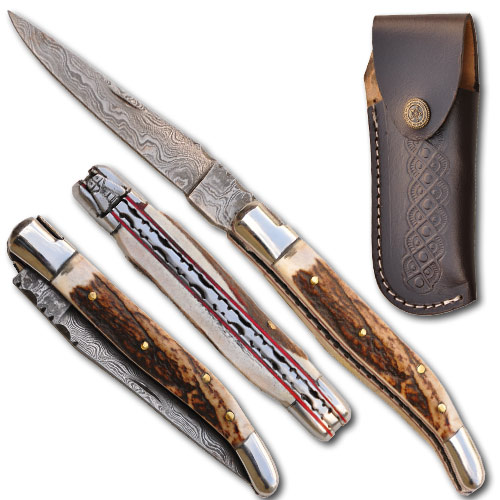 1018-PR 5 in. Damascus Navaja Folder Stag Handle 1