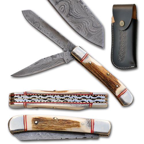 6091-PR 4 in. Stag Damascus Trapper Folder