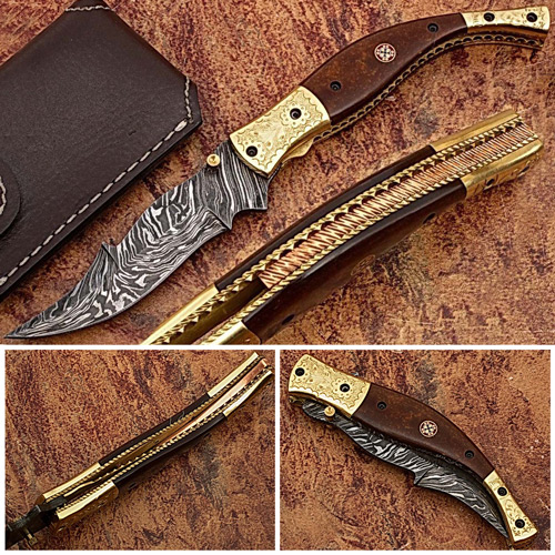 FDM-2525 Executive Series Baekelite Engraved Clip-Point Folding Damascus Knife