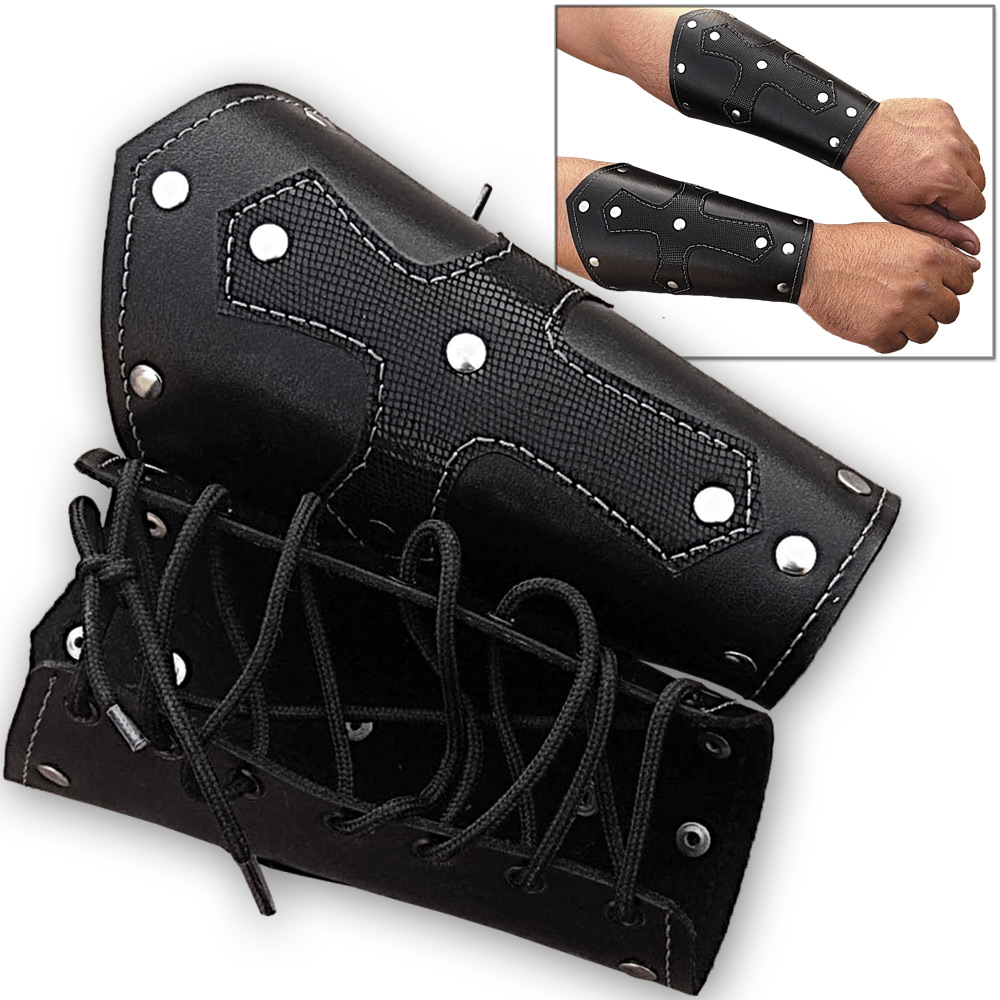 SLC-701 Biker Leather Cuffs Iron Cross Bracers Arm Armor Harley Black Studded