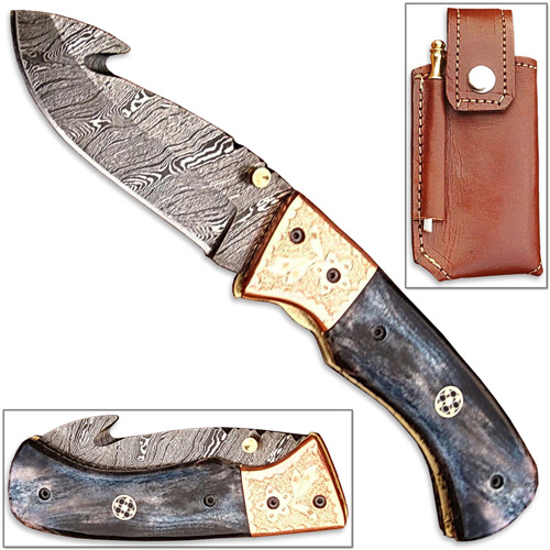 FDM-2535 Damascus Folding Guthook Knife, Giraffe Bone Handle Engraved Bras
