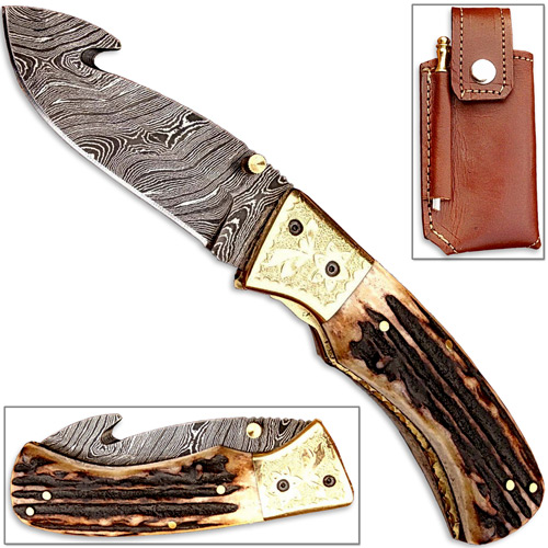 FDM-2536 Forged Damascus Folding Knife, Guthook Stag Handle Engraved Brass