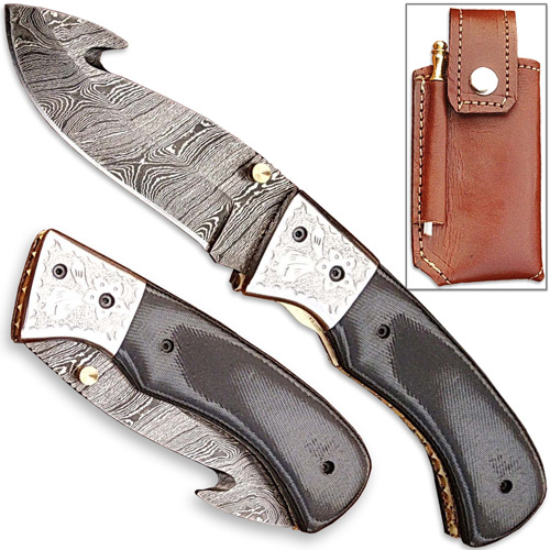 FDM-2538 Forged Damascus Steel Folding Knife, Guthook Micarta Composite Handle