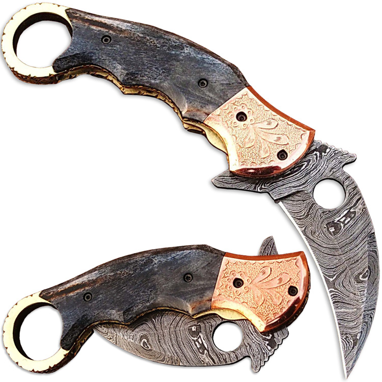 FDM-2540 Ka-Rambo Damascus Folding Knife, Giraffe Bone