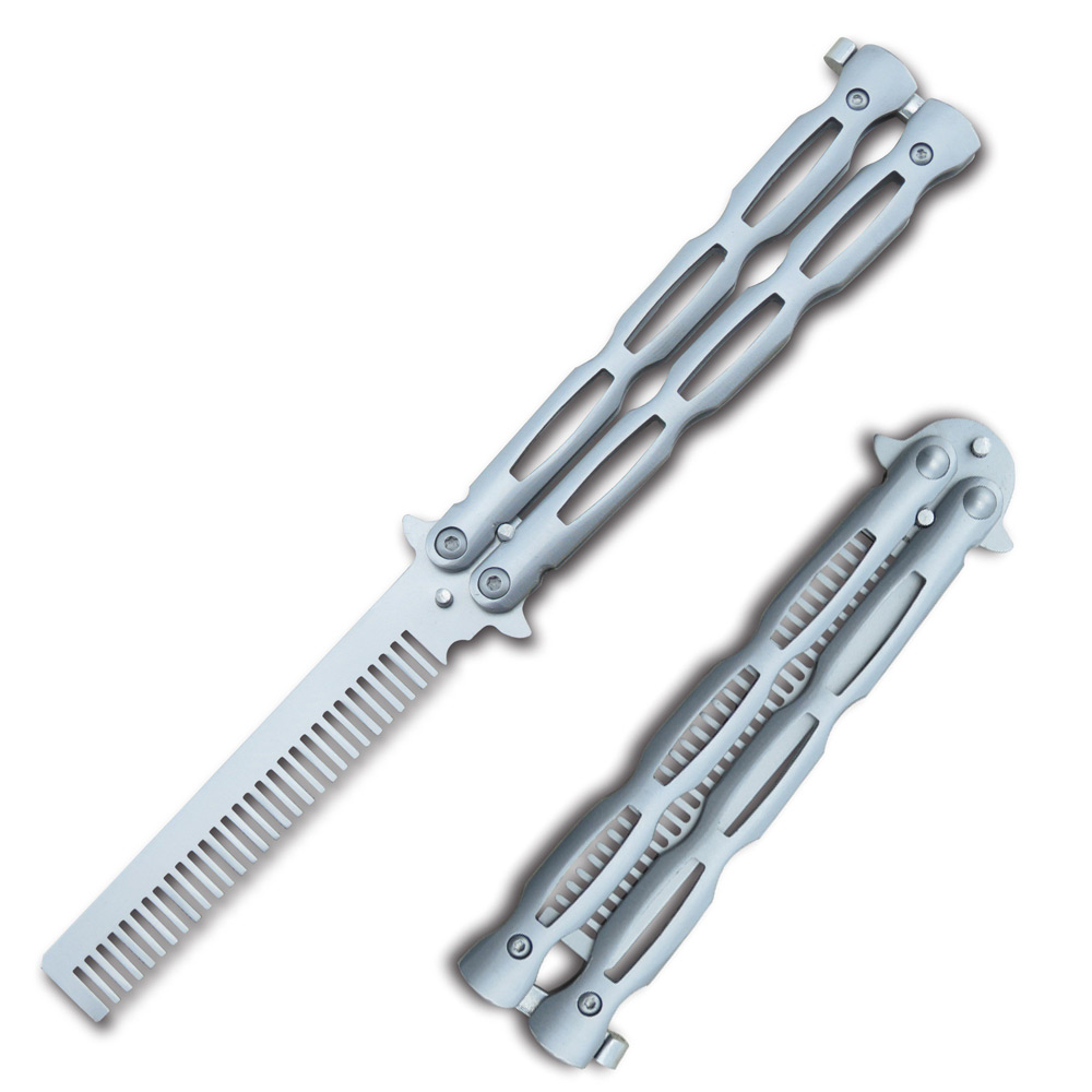 T205602S-1 Satin Silver Stainless Steel Folding Butterfly Balisong Comb Trainer