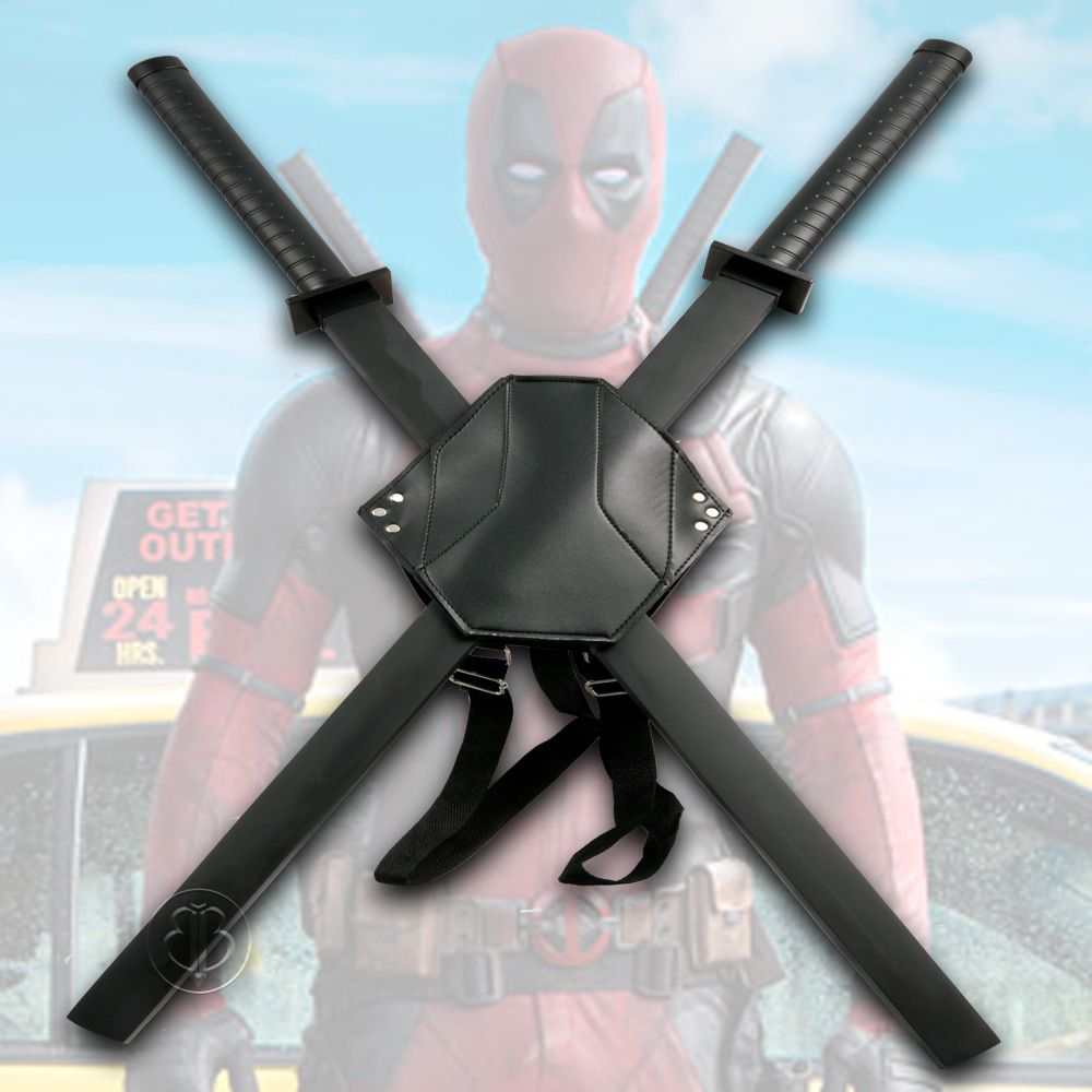 T9586-SET Deadpool Dual Two Ninja Swords with Wood Sayas & X-Harness Back Carry Rig -  EdgeWork