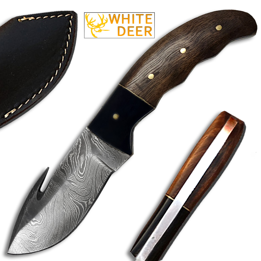 DM-128 White Deer Damascus Gut Hook Skinner Knife with Wood & Buffalo Horn Handle