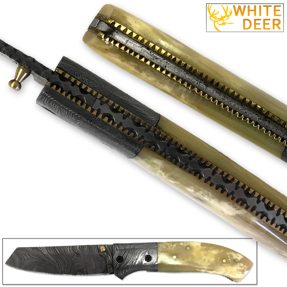 DM-1405 White Deer Spey Point Wharn-Blade Folding Damascus Knife Buffalo Bone Handle