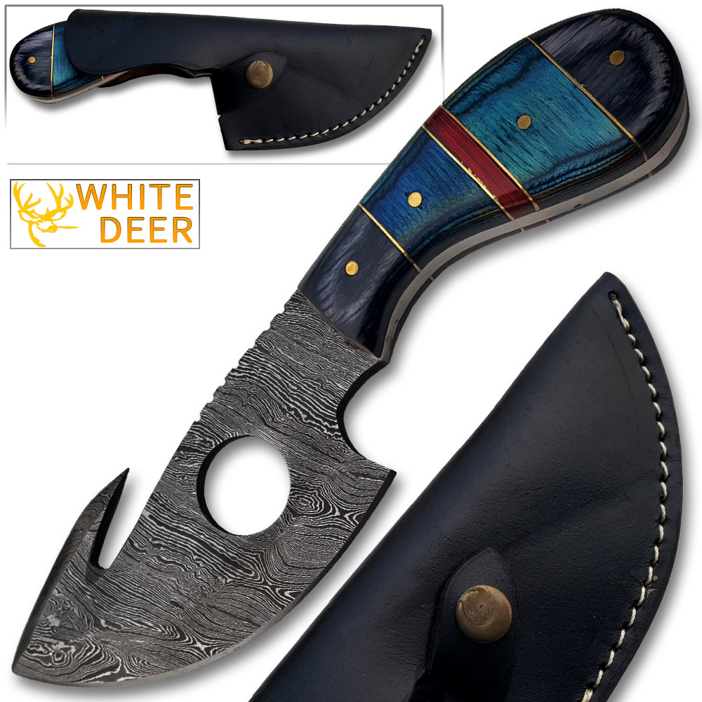 DM-2131 White Deer Damascus Gut Hook Skinner Hunting Knife