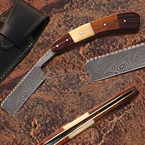 DM-2183 Custom Made Damascus Steel Straight Razor with Camel Bone & Wood Handle
