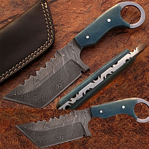 DM-2195 Custom Made Damascus Tanto Camel Bone Handle, Blue