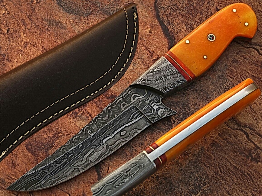 DM-2211 White Deer Damascus Steel Hunting Knife, Orange Camel Bone