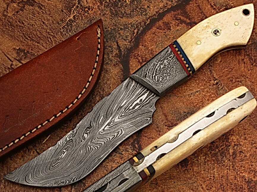 DM-2213 White Deer Damascus Steel Custom Knife, Camel Bone Handle