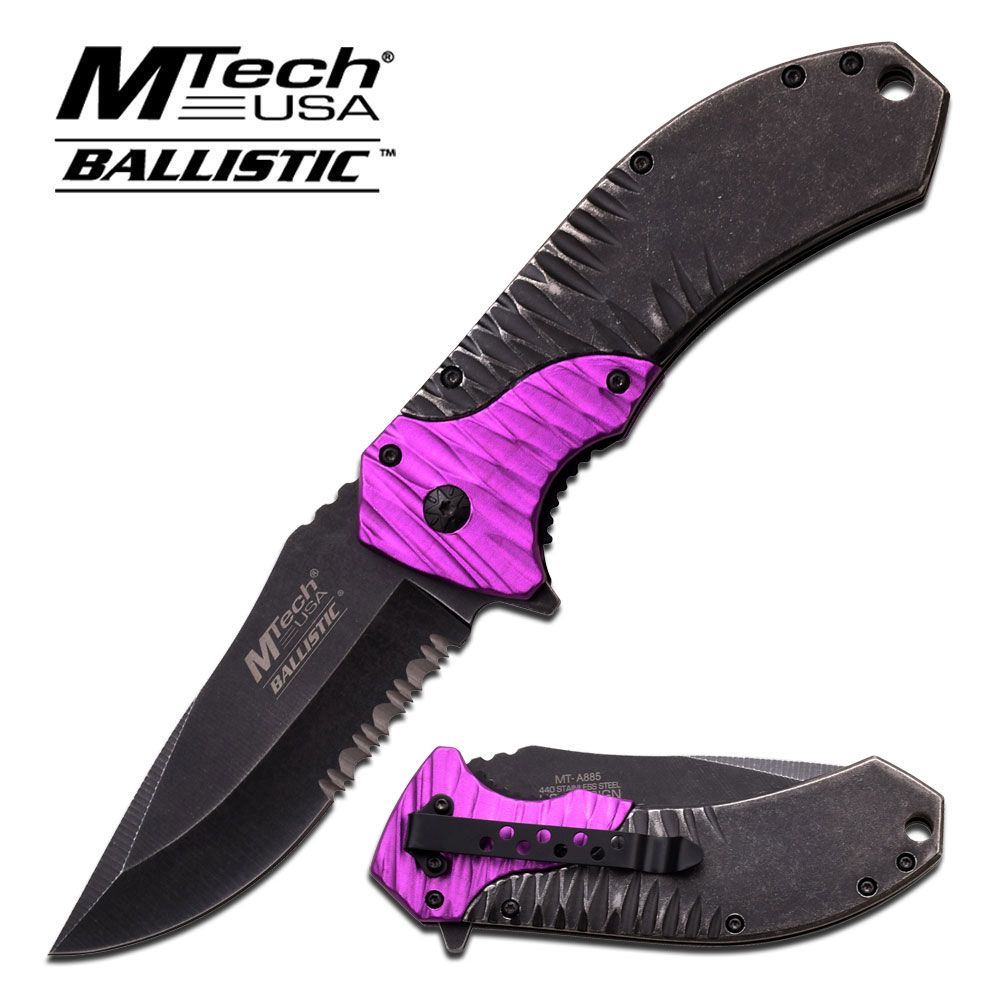 MT-A885PE MTech Ballistic Spring Assisted Stone Wash Knife, Purple