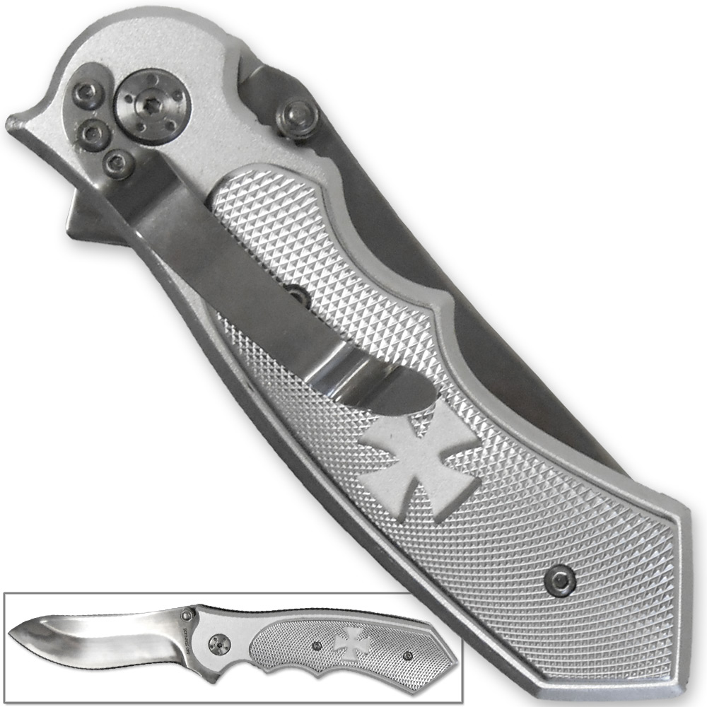 YC-S-105-CH Iron Eagle Maltese Assisted Super Knife, Cross Silver Treated Steel Blade