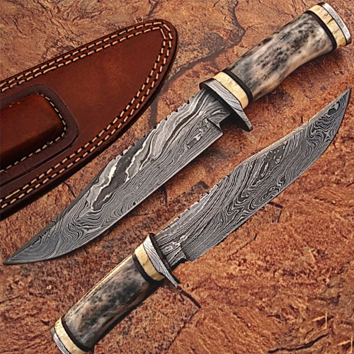 DM-2217 Custom Made Damascus Steel Bowie Knife with Giraffe & Camel Bone Handle