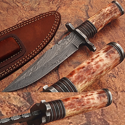 DM-2225 Custom Made Damascus Steel Hunting Knife with Bone Handle & Guard