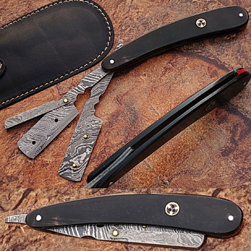 DM-2242 Custom Made Damascus Steel Blade Razor with Buffalo Horn Handle