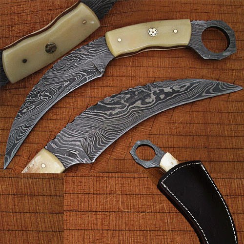 DM-2258 Custom Made Damascus Karambit Knife Bone Handle Beautiful Mosaic