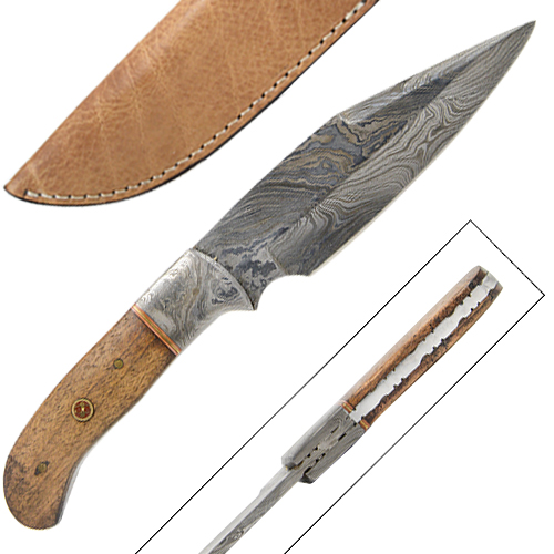 DM-702 White Deer Custom Made Damascus Hunting Knife with Walnut Wood Handle