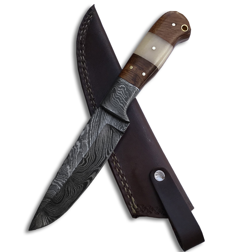 DM-713 White Deer Custom Made Damascus Skinner Knife with Full Tang Bone Walnut-Wood