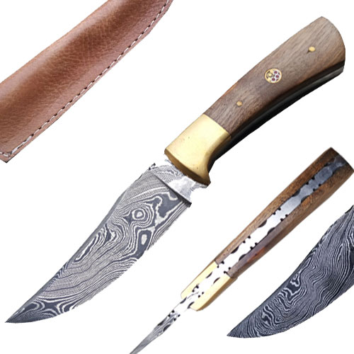 DM-715 Custom Made Damascus Hunting Knife with Full Tang Walnut-Wood Handle