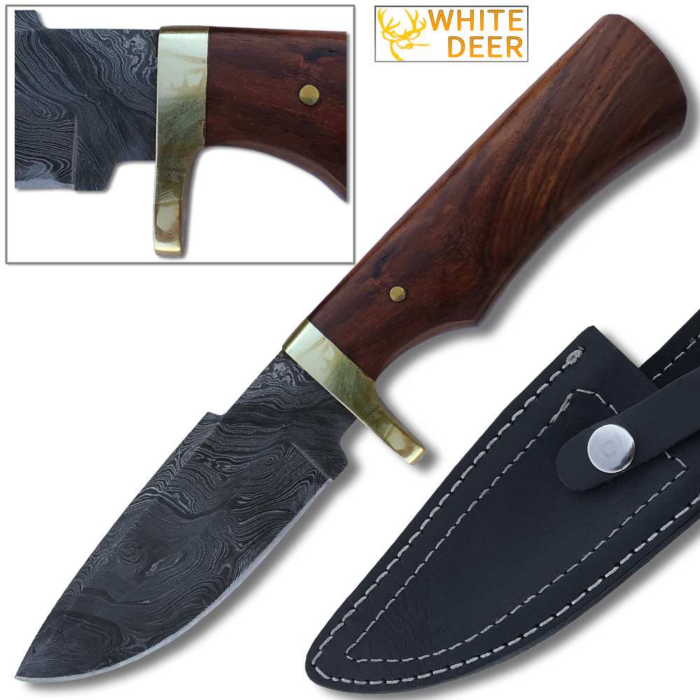 DM-721 White Deer Elite Tracker Damascus Hunting Knife with Pakka-Wood Handle