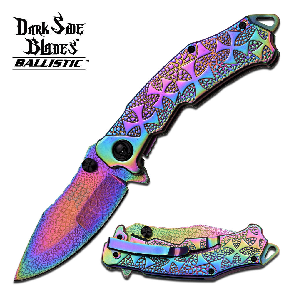 DS-A031RB DarkSide Blades BallisticIron Cross Spring Assist Knife, Rainbow