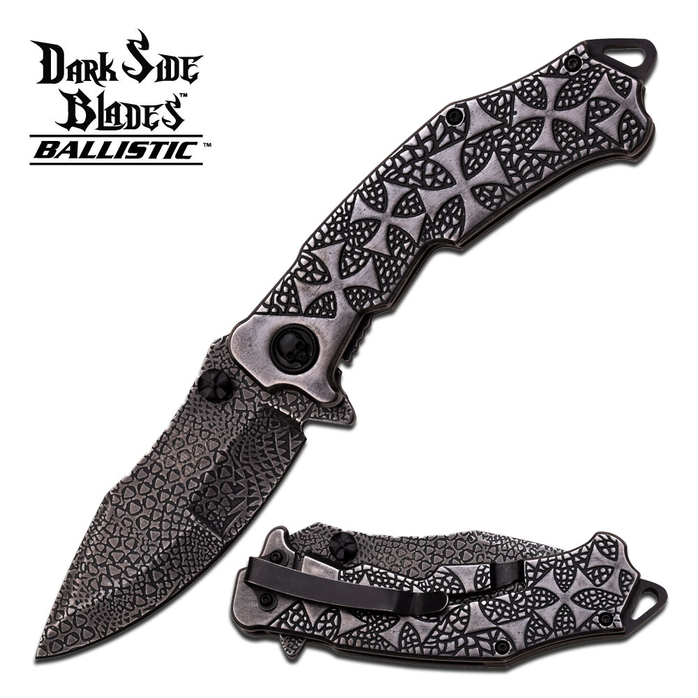 DS-A031SW Dark Side Blades Ballistic Iron Cross Spring Assist Knife, Stone