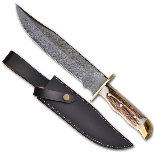 PR-1000 10.5 in. Stag Handle Damascus Hunting Knife
