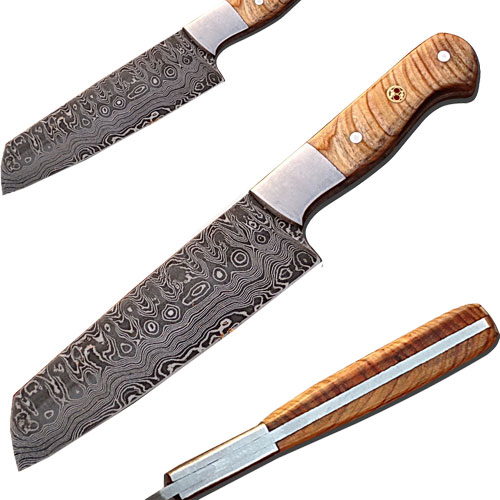 SDM-2149 Handmade Damascus Tanto Blade Olive Wood Handle Chef Knife