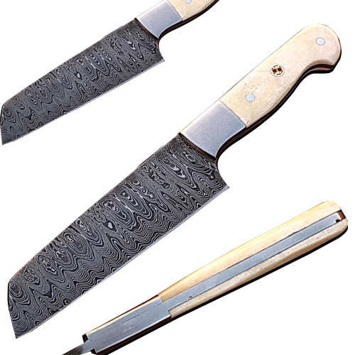 SDM-2151 Handmade Damascus Chef Knife Tanto Blade Camel Bone Handle