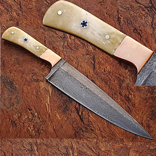 SDM-2172 Custom Handmade Damascus Copper Guard Chef Knife Bone Handle