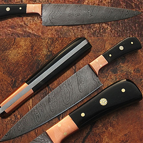 SDM-2214 Custom Made Damascus Steel Chef Knife Buffalo Horn Handle Copper 1
