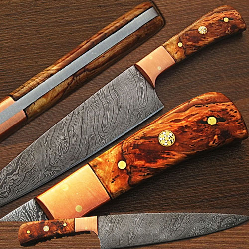 SDM-2215 Custom Made Damascus Copper Guard Chef Knife Olive Wood Handle