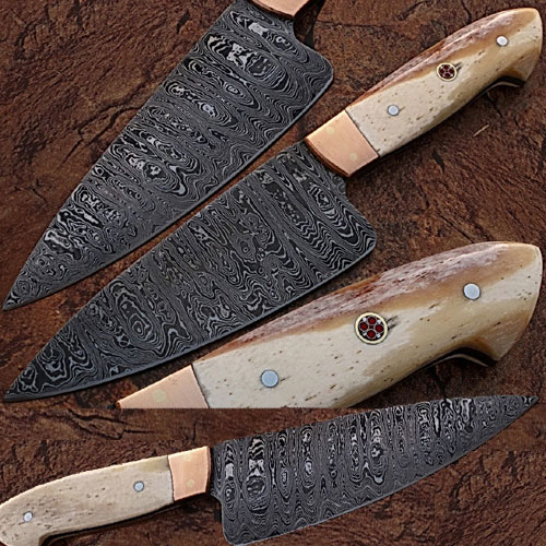 SDM-2231 Custom Made Damascus Steel Chef Knife Camel Bone Handle Copper Bolster