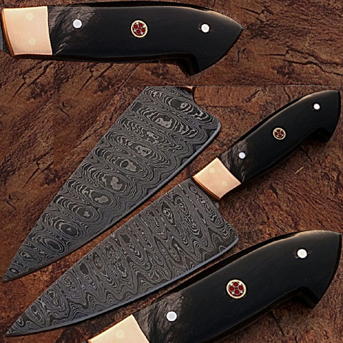 SDM-2234 Custom Made Damascus Steel Chef Knife Buffalo Horn Handle Copper