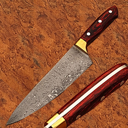 SDM-2259 Custom Made Damascus Brass Guard Chef Knife Frost Wood Handle