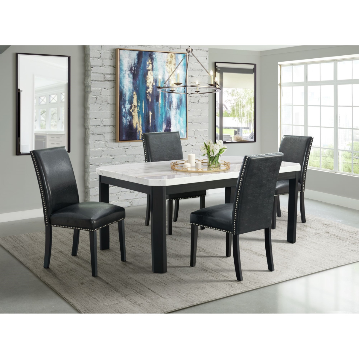 Celine White Marble 5PC Dining Set-Table & Four Black Faux Leather Chairs -  Picket House Furnishings, CFC700RBL5PC