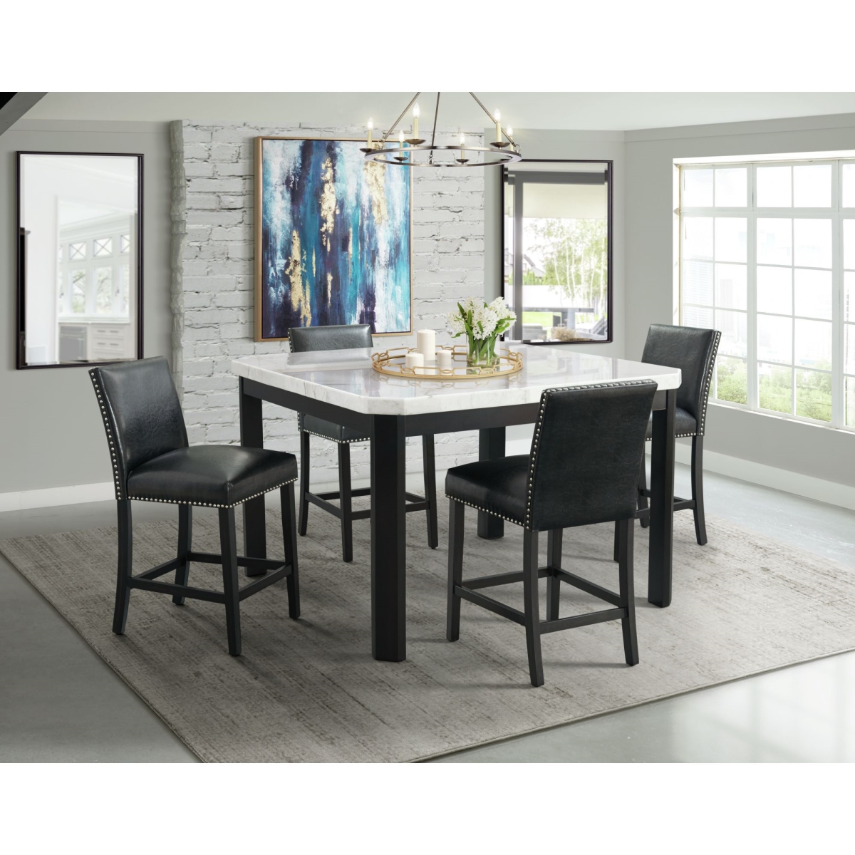 Celine White Marble 5PC Counter Height Dining Set-Table & Four Black Faux Leather Chairs -  Picket House Furnishings, CFC700SBL5PC