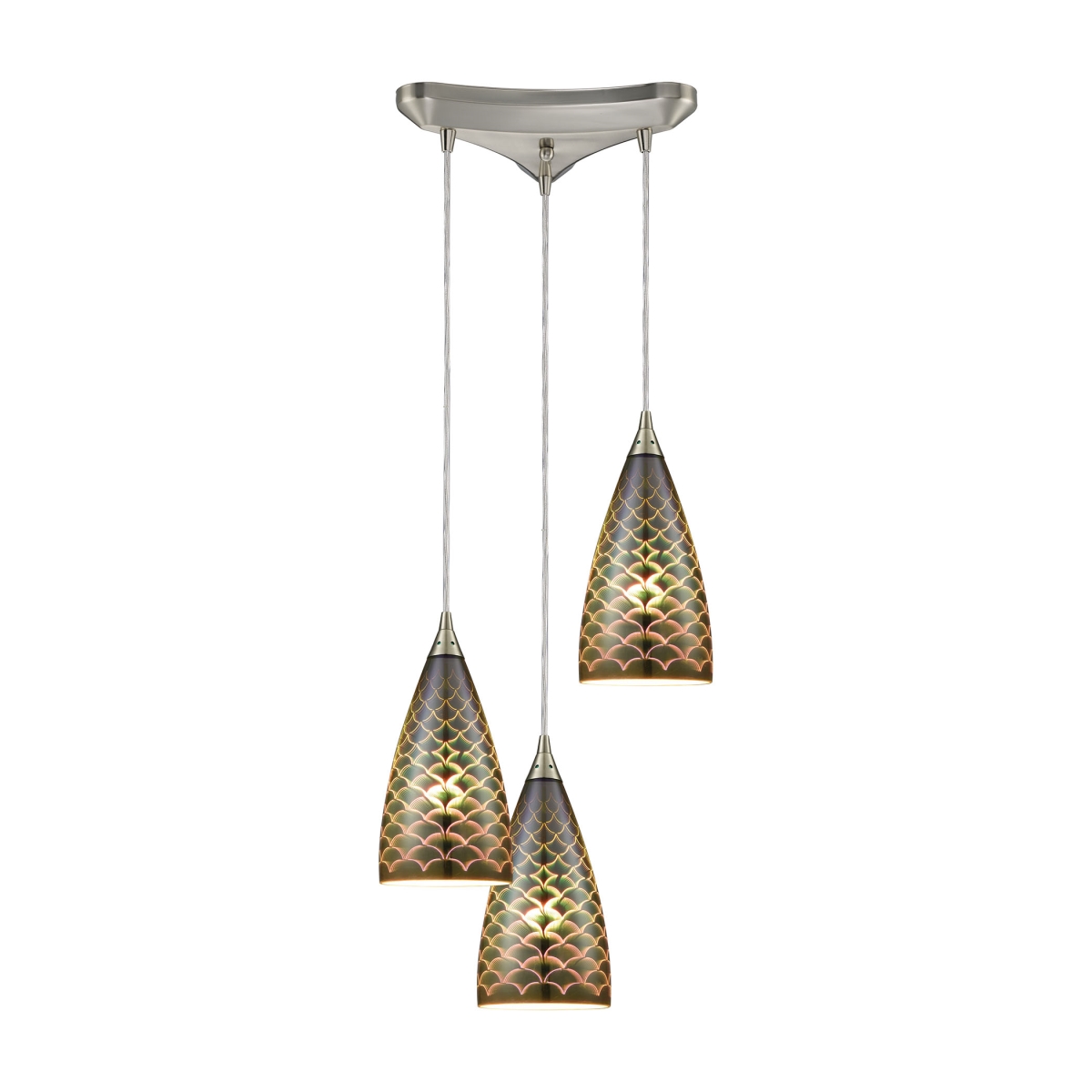 10507-3 Illusions 3-Light Triangle Pan in Satin Nickel with 3-D Fishscale Glass Pendant -  ELK Lighting, 10507/3