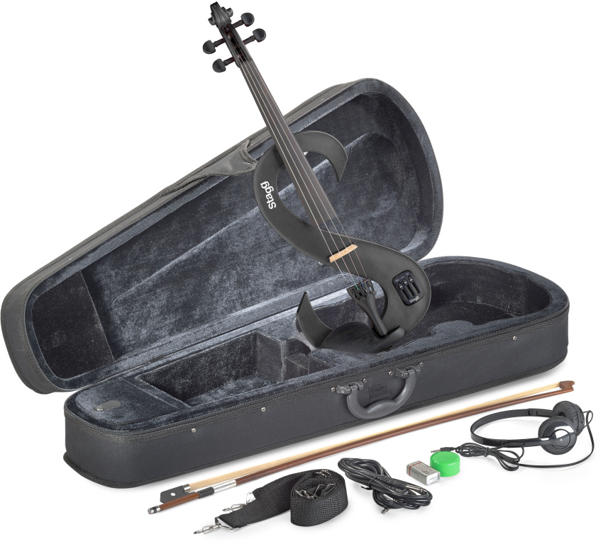 14736 4-4 Scale Set with S-shaped Electric Violin, Soft Case & Headphone - Metallic Black