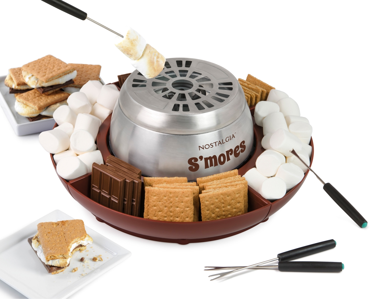 Picture of Nostalgia NLSM4BR Indoor Electric Stainless Steel S-Mores Maker with 4-Lazy Susan Compartment Trays for Graham Crackers&#44; Chocolate&#44; Marshmallows & 4 Roasting Forks