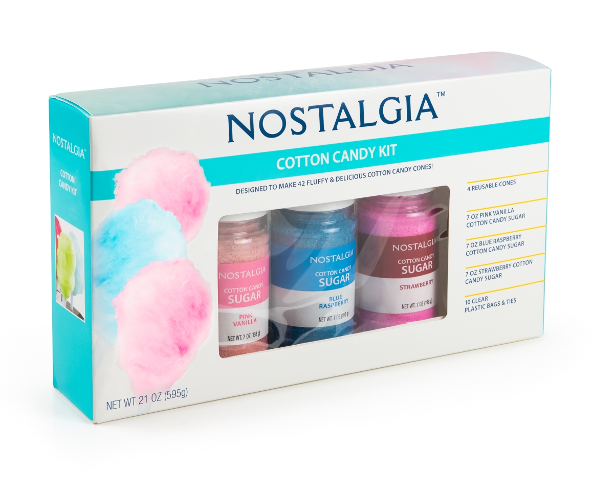 Picture of Nostalgia FSCC8 Cotton Candy Party Kit with 7 oz Each Pink Vanilla&#44; Blue Raspberry & Strawberry Flossing Sugars - Reusable Cones & Twist Ties