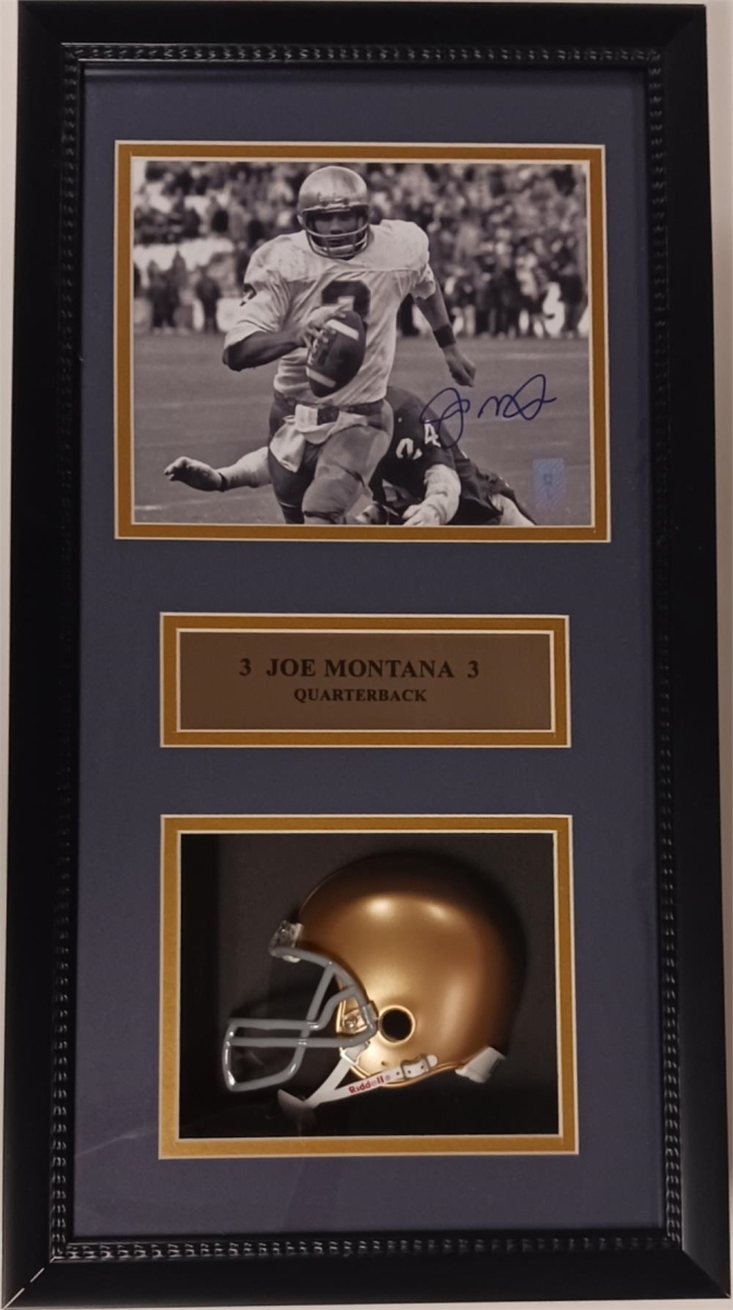 152-18 Autographed mini helmet shadow box Joe Montana fighting irish