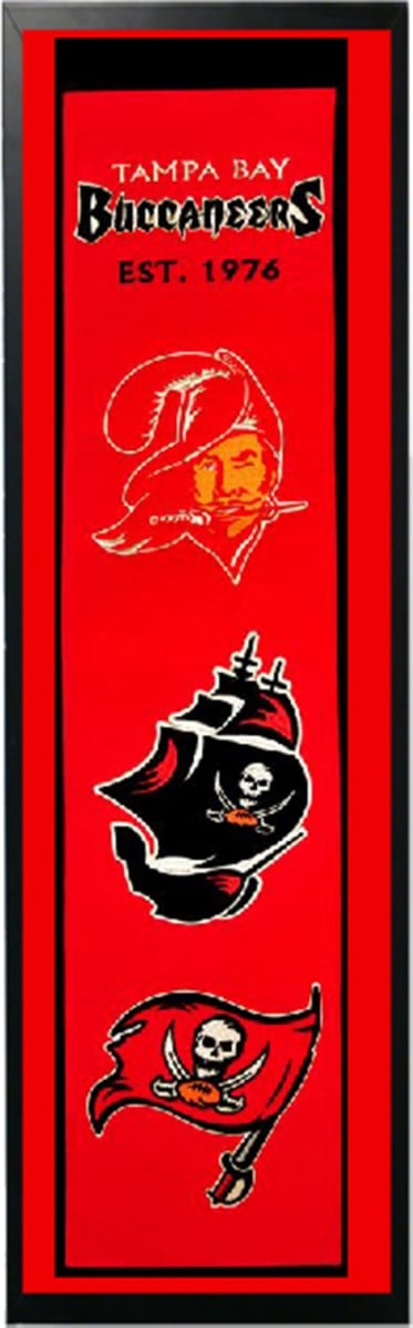 110-07 Tampa Bay Buccaneers Logo History Felt Banner - 14 x 37 Framed